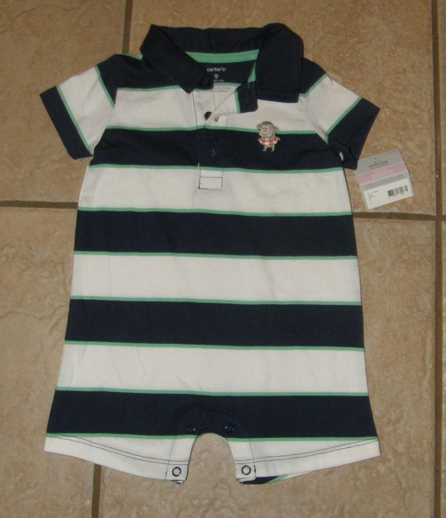 NEW Boys Sz 9 Months Navy Blue Striped Monkey Soft Cotton Romper CARTERS