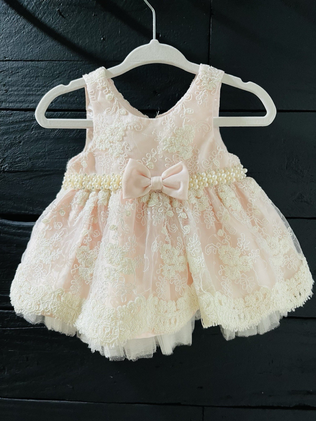 Girls Pink Ivory Lace Floral Dress Set Sleeveless with Bow Pearls & Bloomers