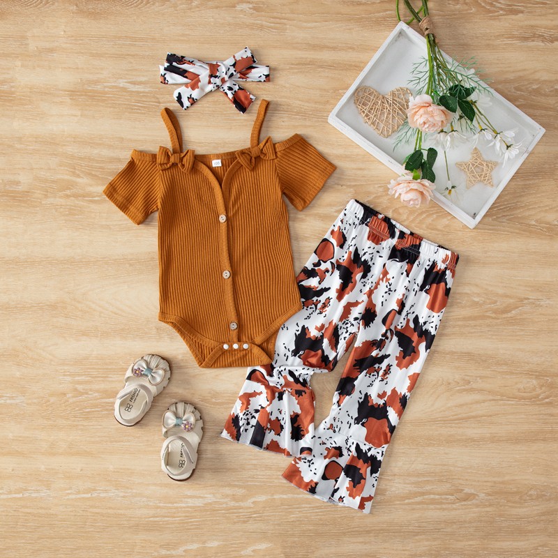 Baby Girl Flare Outfit Ribbed Bodysuit Button Romper Cow Print Bell Bottoms Set