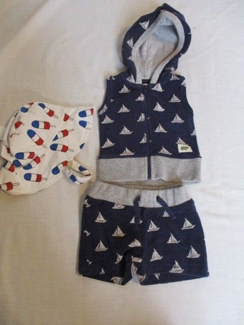 Monica + Andy 2 pc Nautical Terry Cloth Short Set & NWT Sun Hat Size 0- 6 M