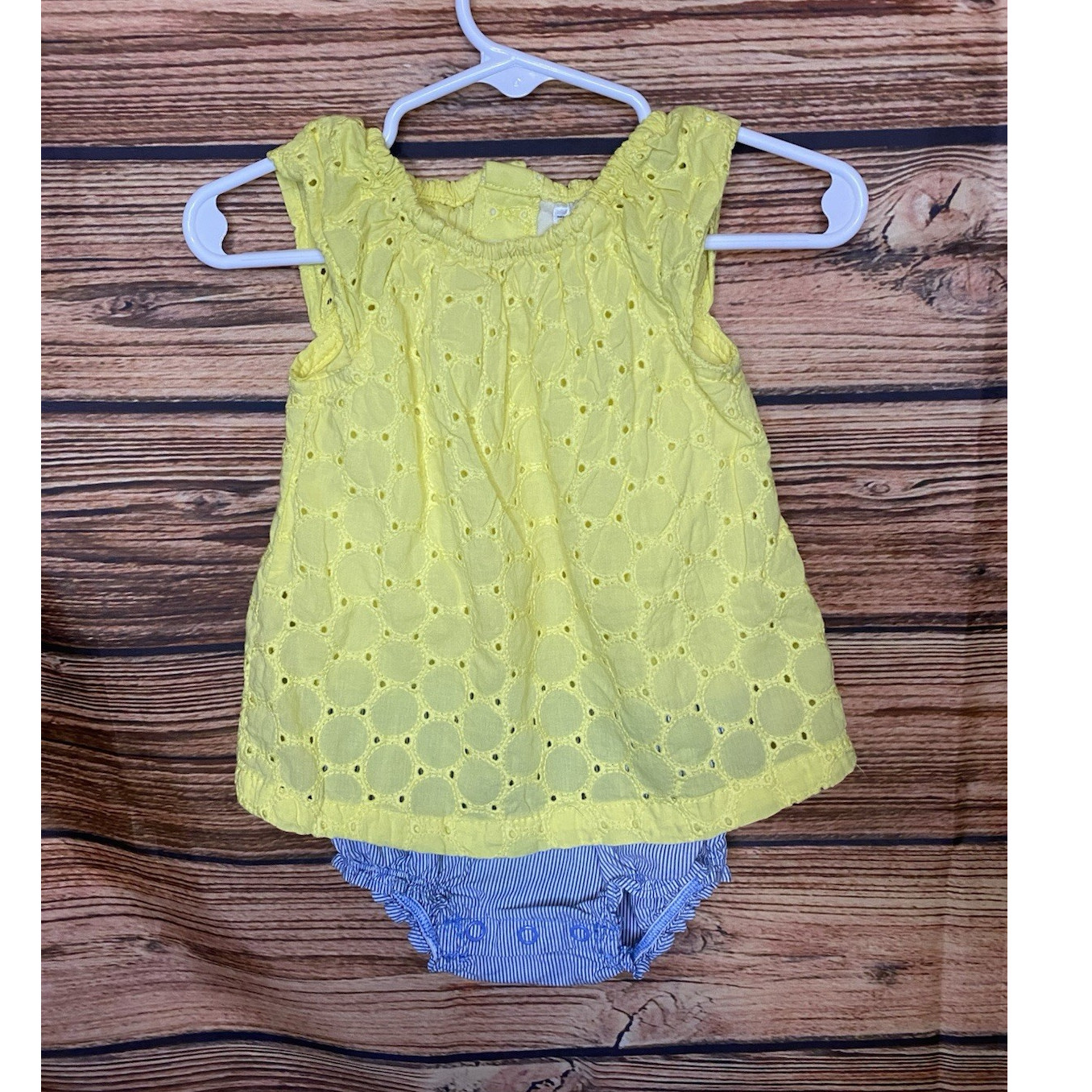 Carter’s 12 Months Yellow Eyelet 2 Piece Dress Set Blue Bloomers Outfit