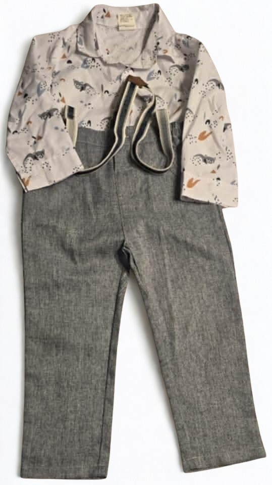 Baby Boys 2-Piece Outfit Set – Gray Suspender Pants & Long Sleeve Animal Print S