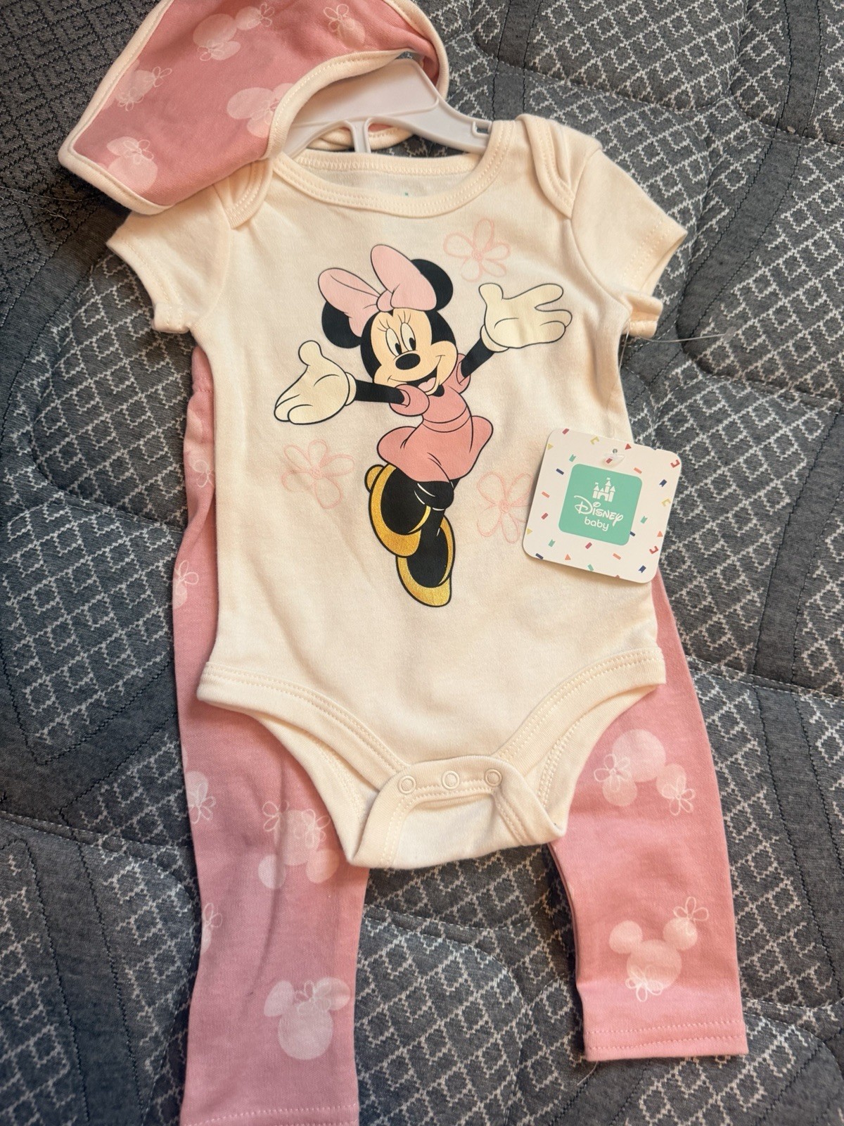 Disney Baby Minnie Mouse 3pc Short Sleeve Cotton Outfit Set Pink/Cream 3-6M