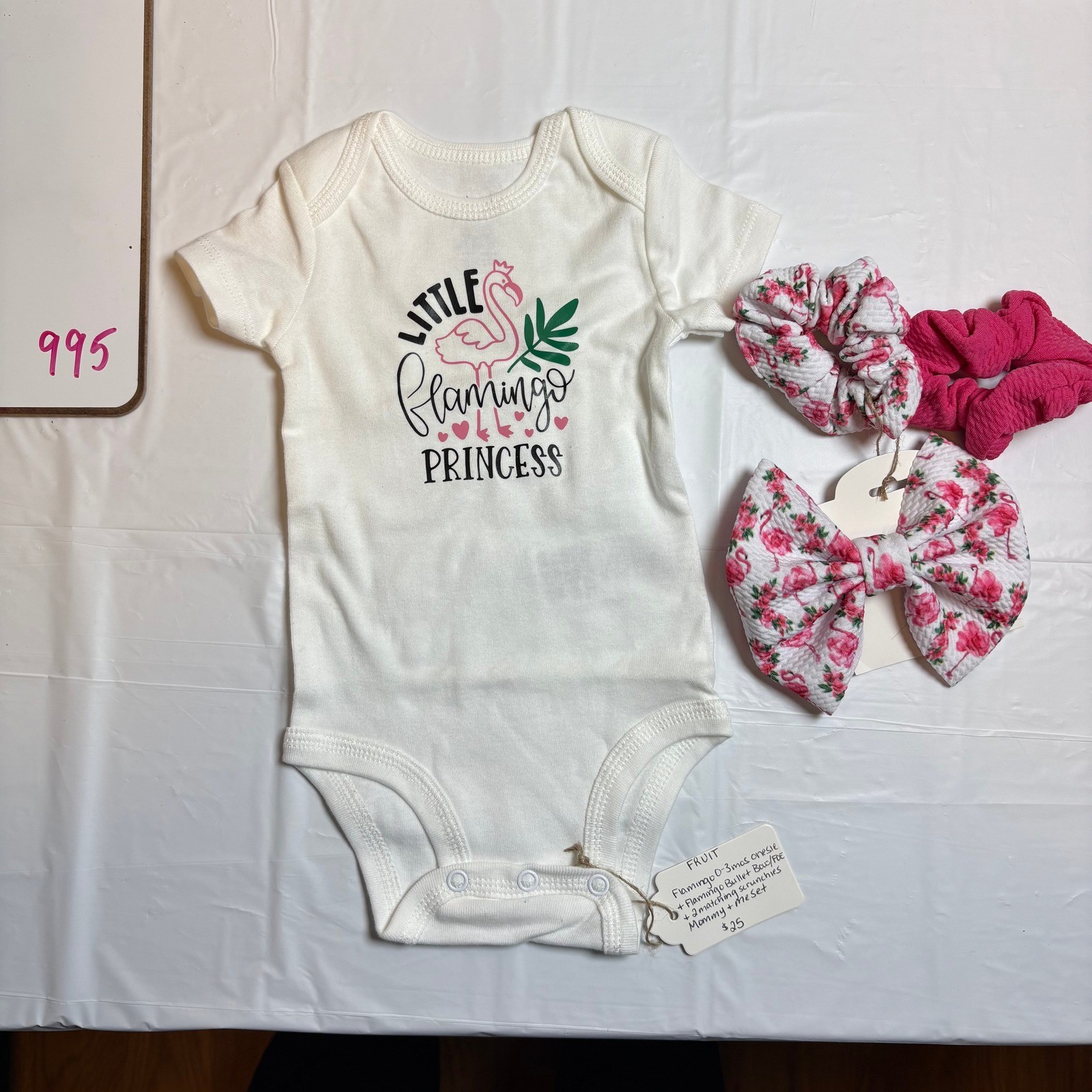 Handmade Carter’s Baby Girl Little Flamingo Princess Bodysuit Bow Set 0-3M