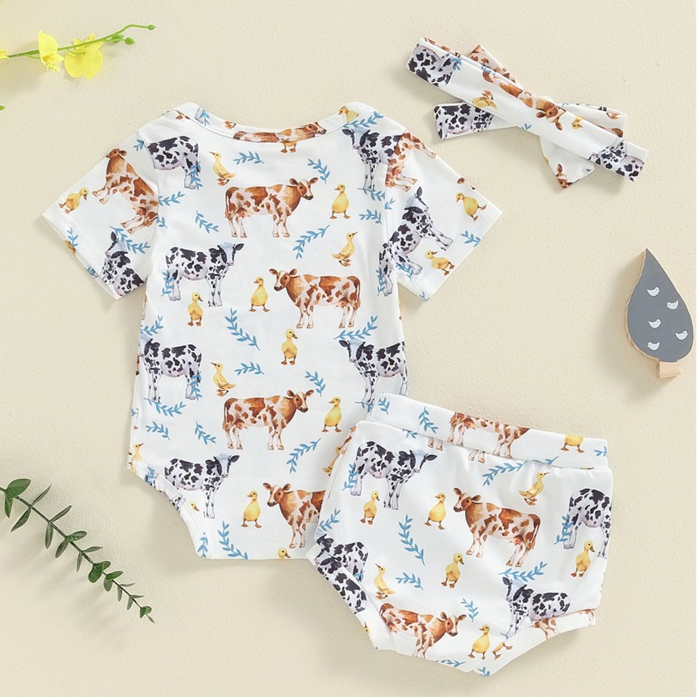 Newborn Baby Girls Boys Cow-print Jumpsuit Shorts Headband Clothing Bodysuit Set