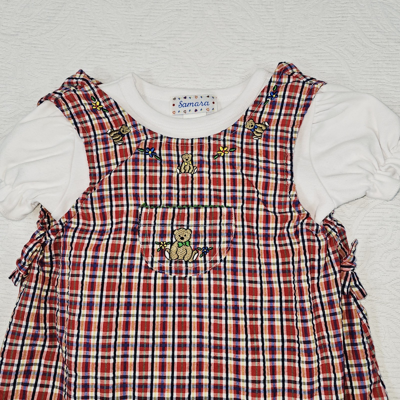 Vintage 80s Samara Toddler Girl Seersucker Jumper Plaid Red W/White Shirt 4T
