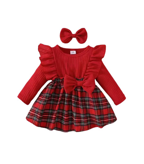 Baby Girl Red Plaid Dress Set with Bow Headband Ruffle Sleeve Ribbed Top Valenti