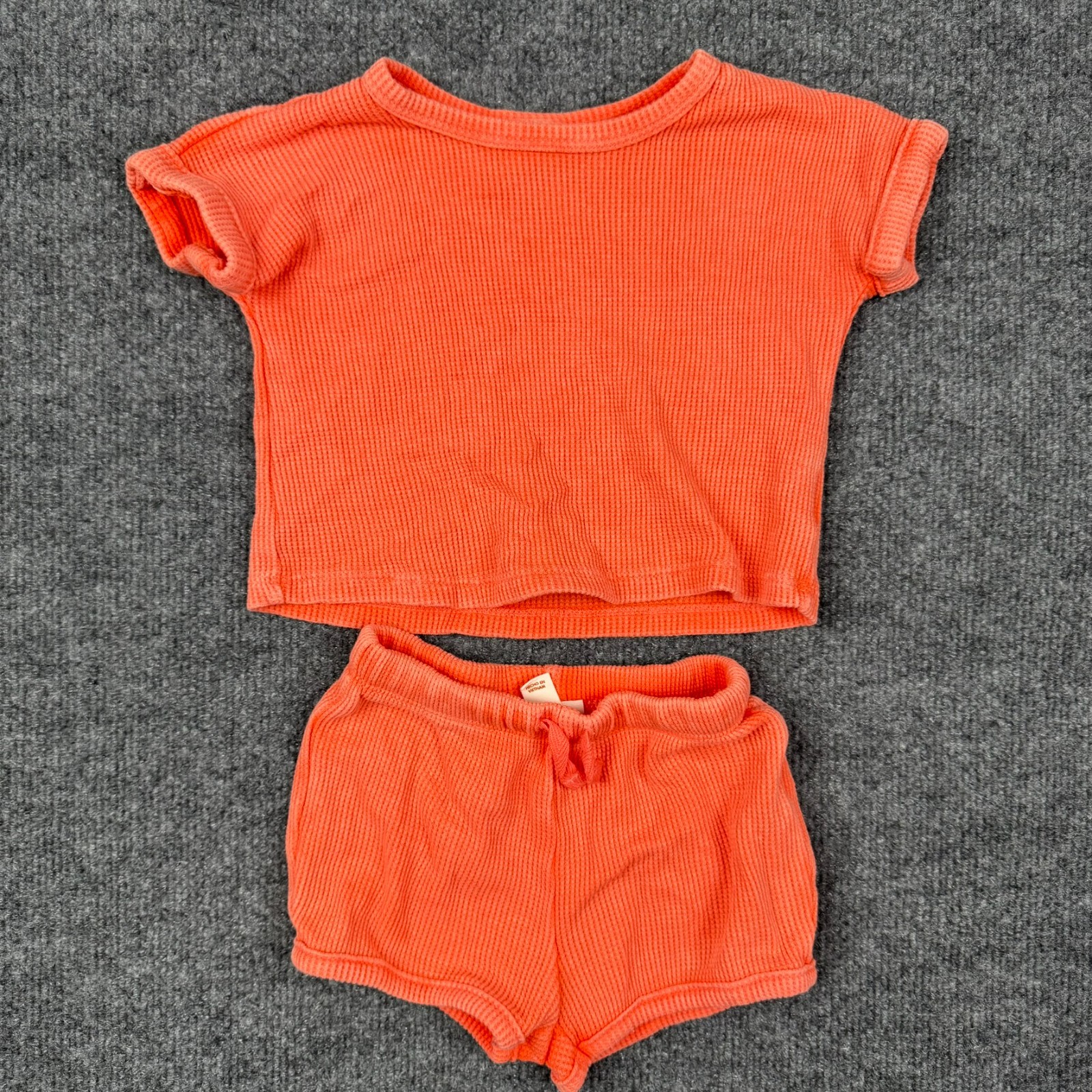 Cat & Jack Baby 2-Piece Set 3-6M Coral Waffle Knit Top & Shorts Outfit Neon