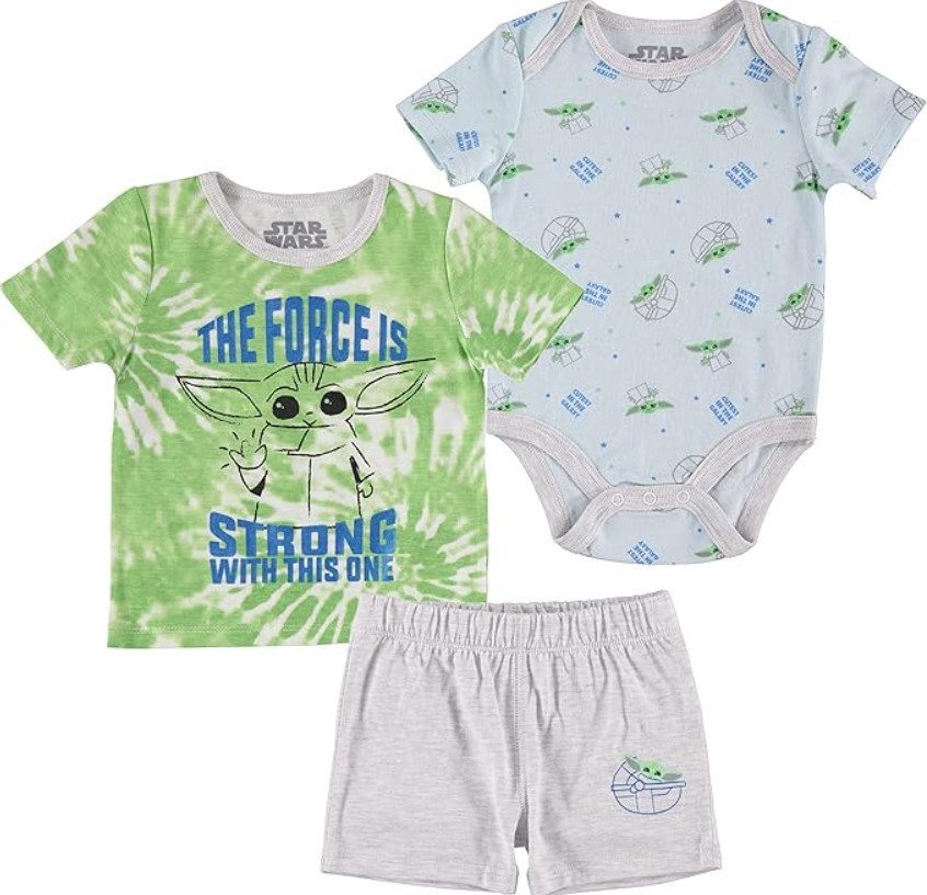 STAR WARS Baby Yoda Baby Boys Bodysuit, T-Shirt and Short Pants 3-Piece Set