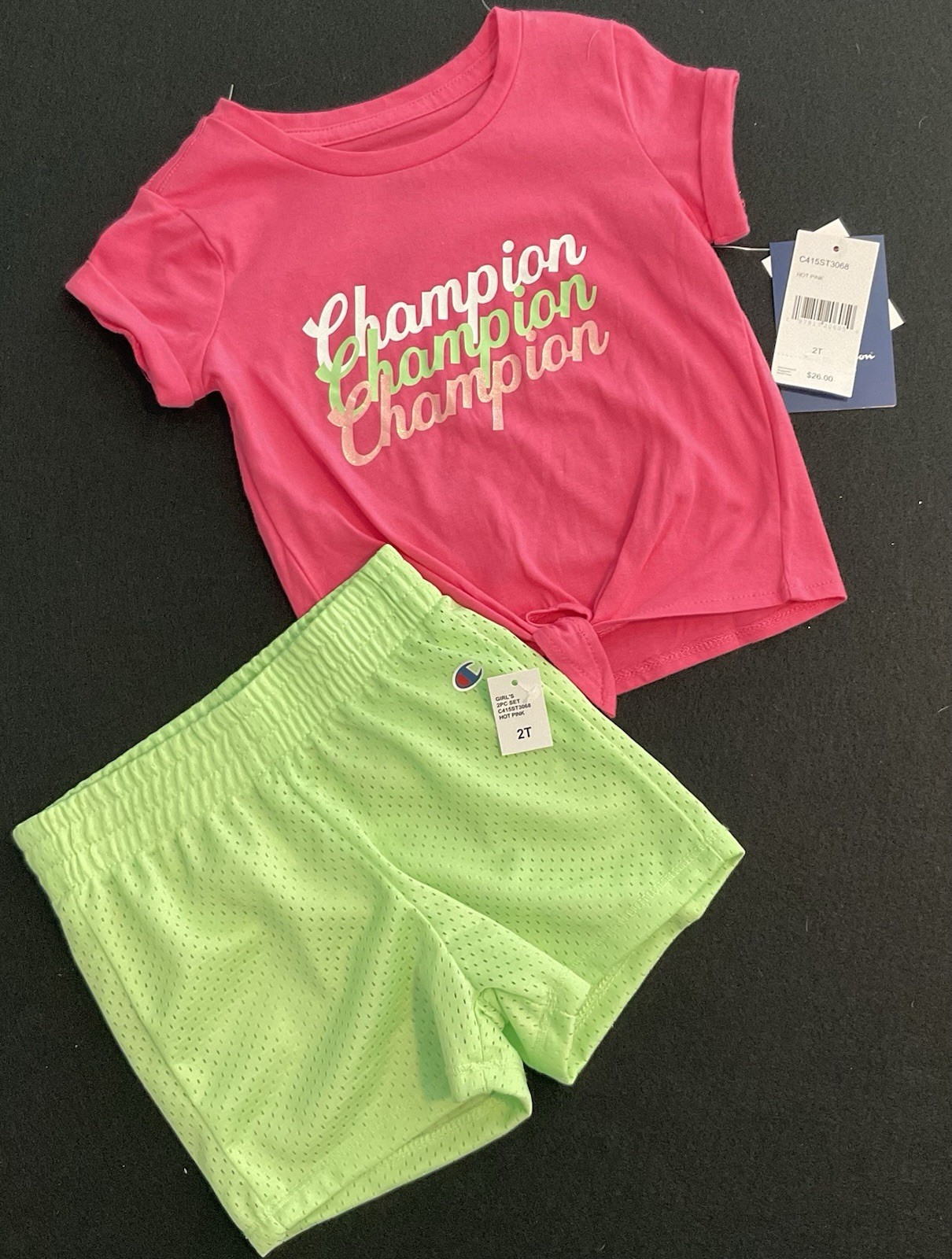 Champion Toddler Girls Pink 2T Tie Front Top & Mesh Shorts Set Hot Pink NEW