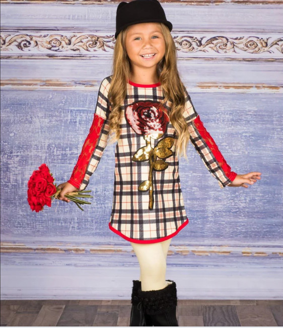 Mia Belle Girls Plaid Long Lace Patch Sleeve Tunic with Sequin Applique Leggings