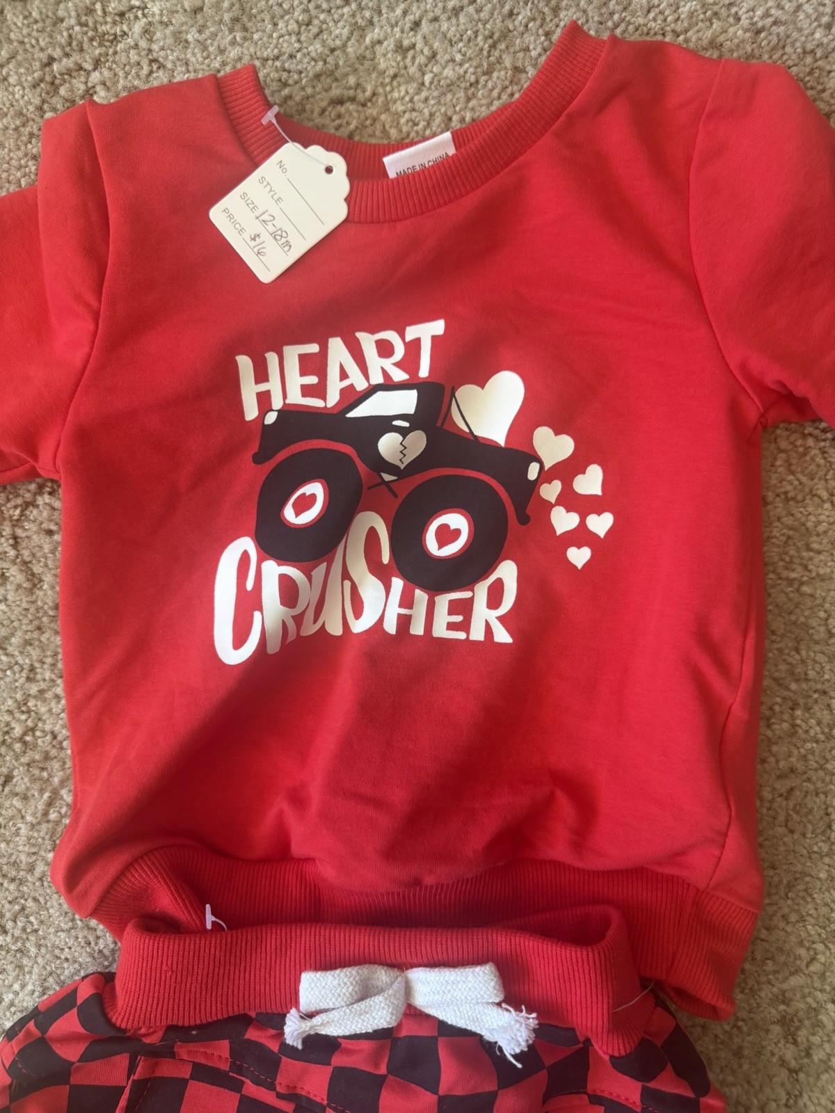 Boys Sweater Set Red Monster Truth Heart Crusher Checkered Pants Size 12-18mo