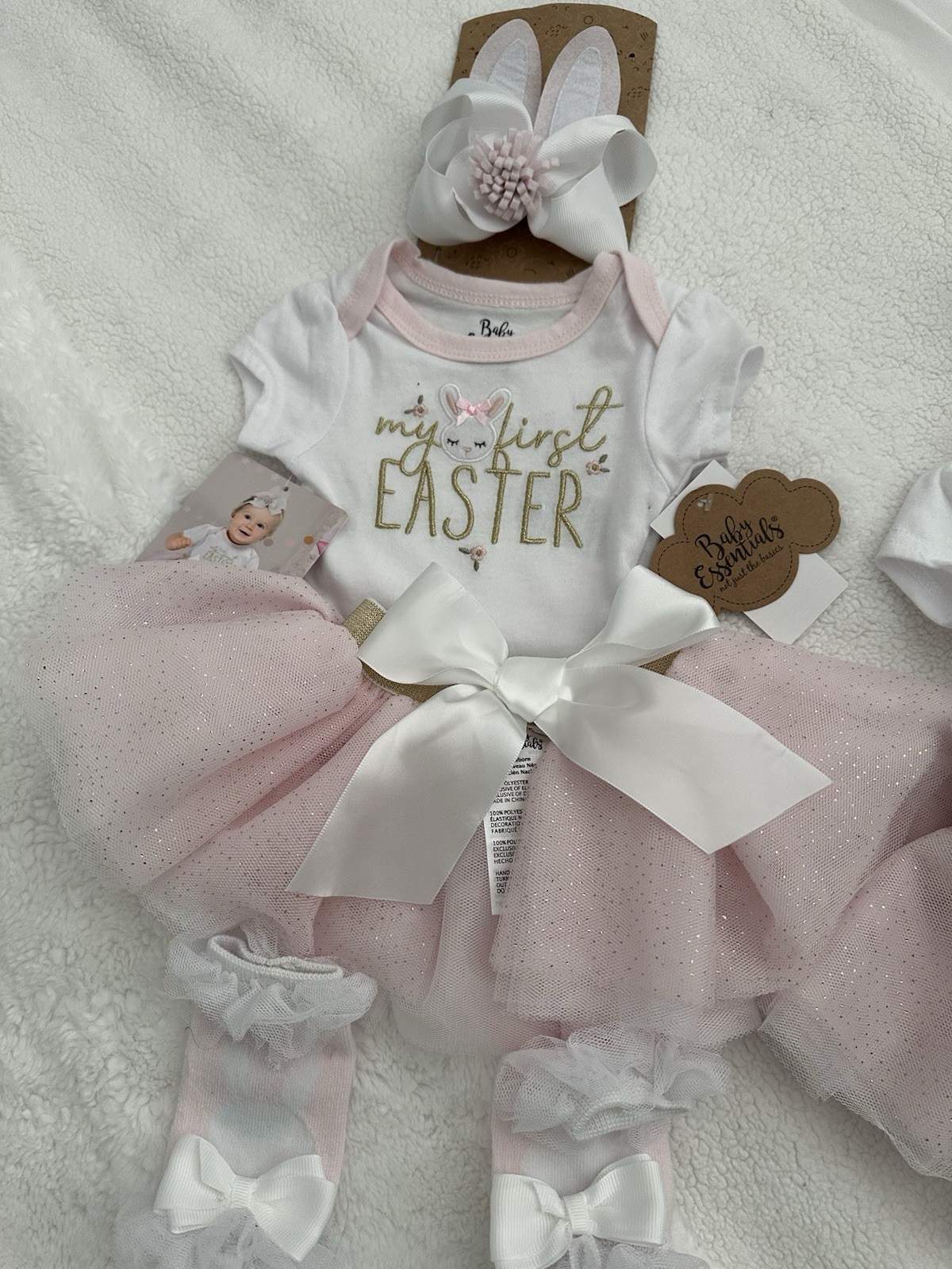 BABY ESSENTIALS 4 piece set peach/white EASTER motif photo prop size NEWBORN