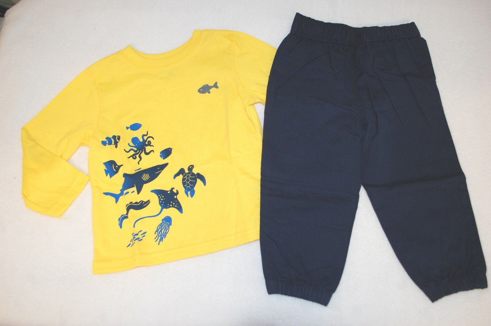 Baby Boys YELLOW L/S T-SHIRT Turtle Stingray Shark NAVY BLUE PANTS Woven 12 MO