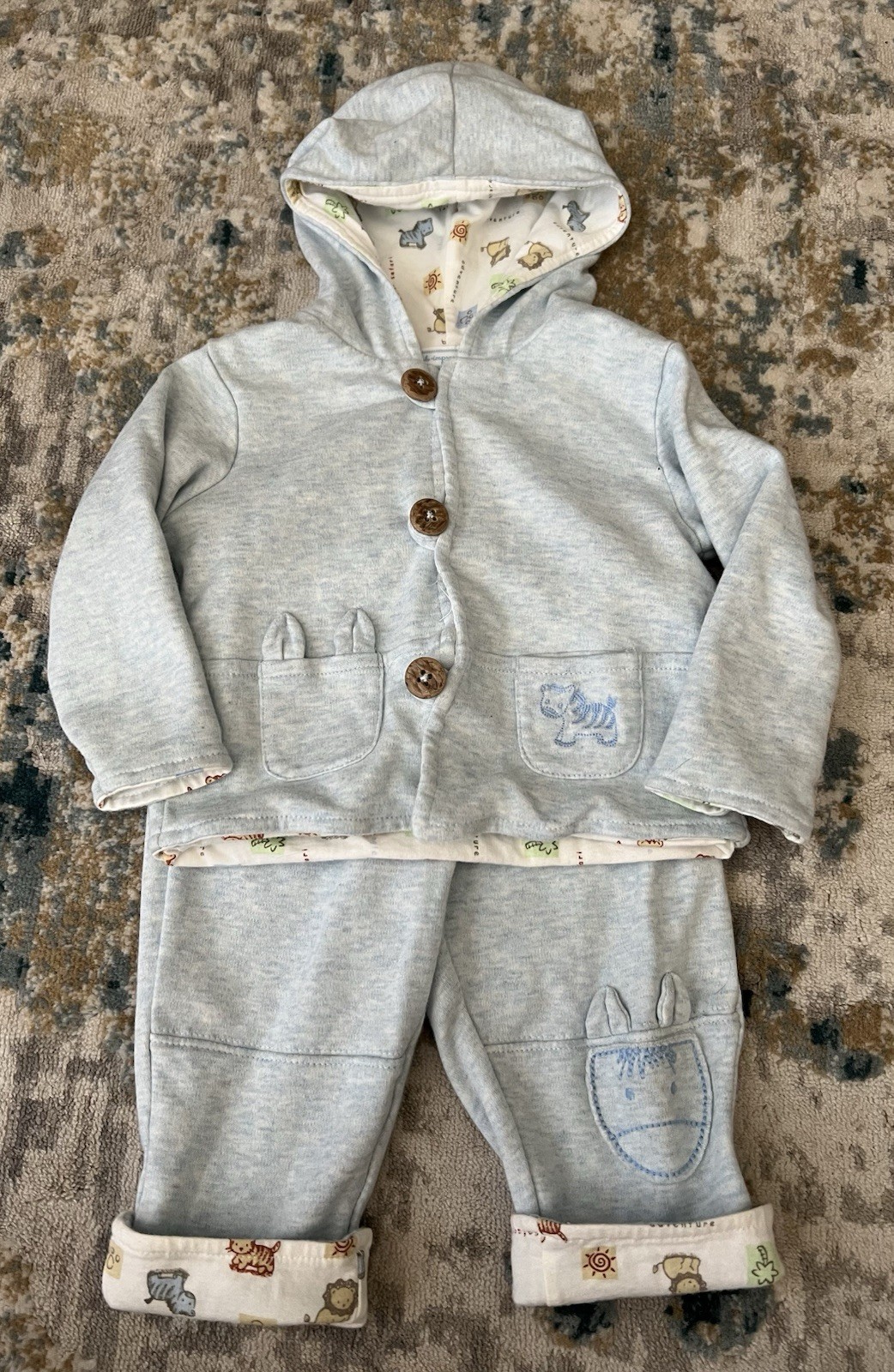 First Impressions Baby Outfit Blue Jungle Animals Jacket And Pants 3-6 Months