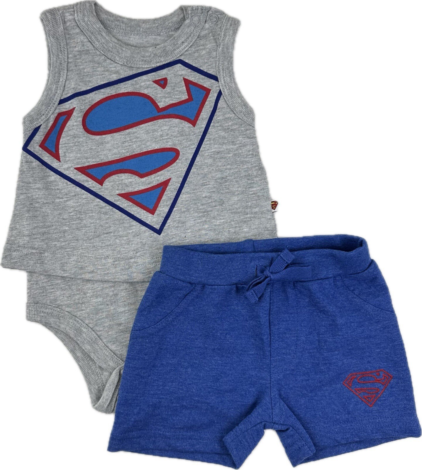 DC Comics Baby 2 Pc Grey Blue Cotton Superman Tank Top Bodysuit Shorts Set 6-9 M