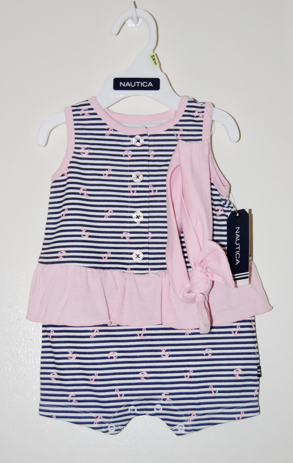 NWT Nautica Infant Girls Pink Striped Slvls Anchor Romper & Headband Set sz 3-6M