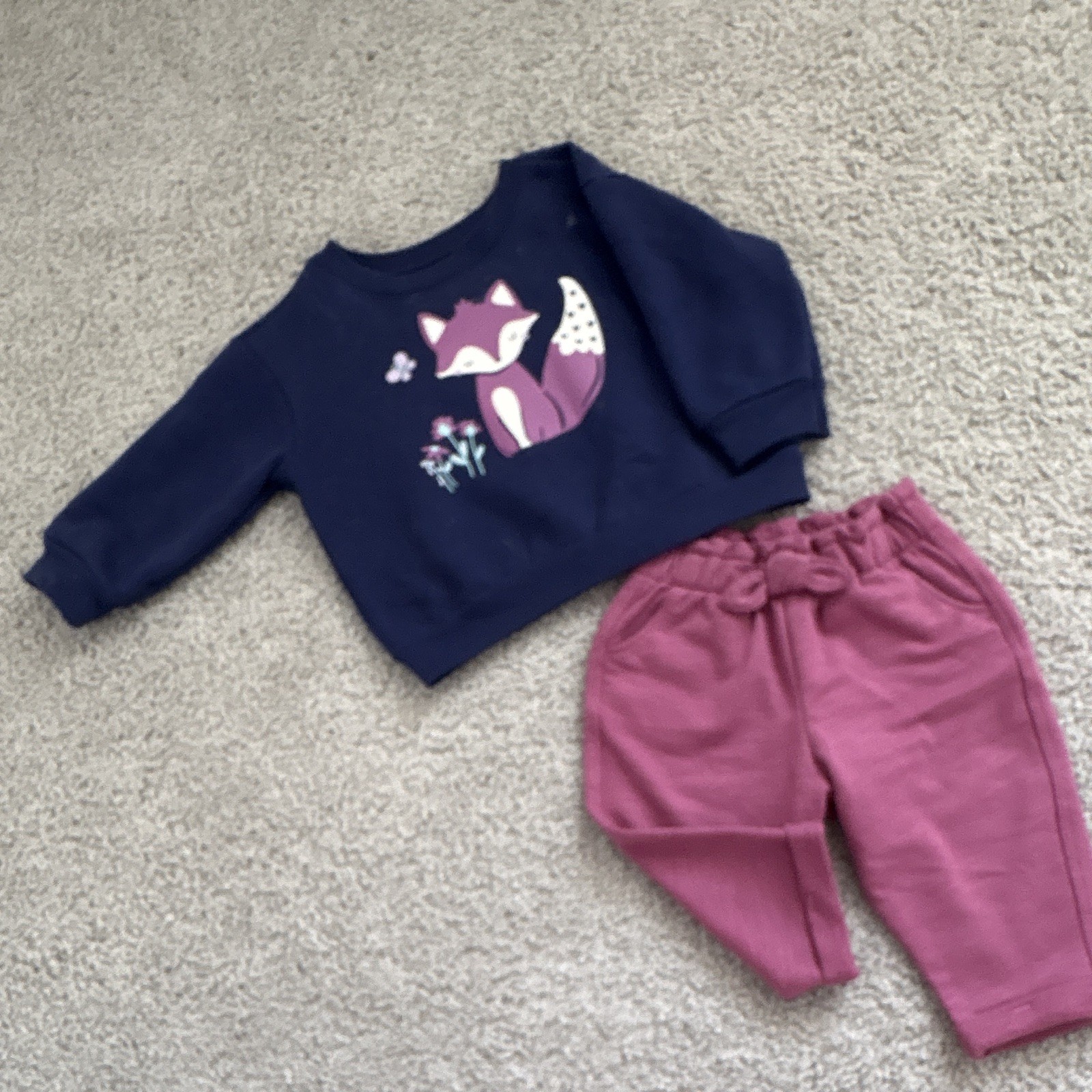 2pc Girls Outfit Set 6-9M Navy Fox Graphic Pullover Sweatshirt & Pink Pants