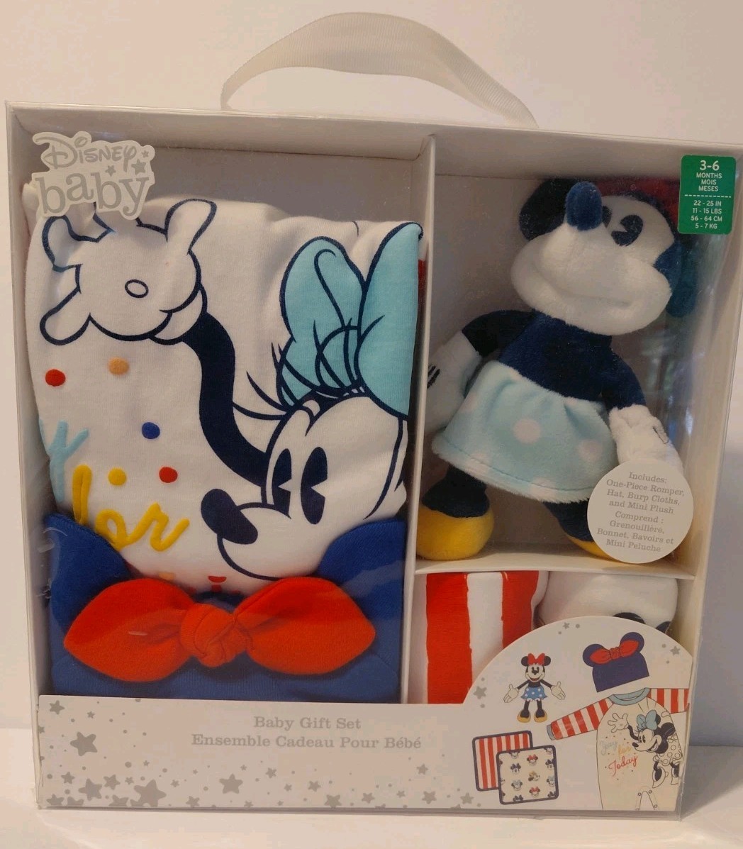Disney Baby Minnie Mouse gift set 3-6 Months Romper Hat Burp Cloths Plush 32-26″
