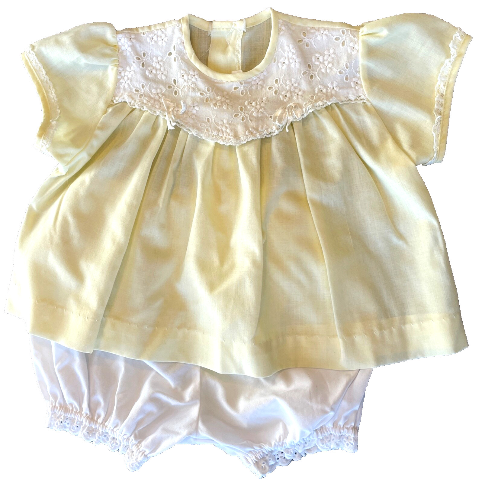 VTG 60s BABY Eyelet Lace Trim Bows Swing Top & Ruffle Bloomer 2 Piece Set 6-12M