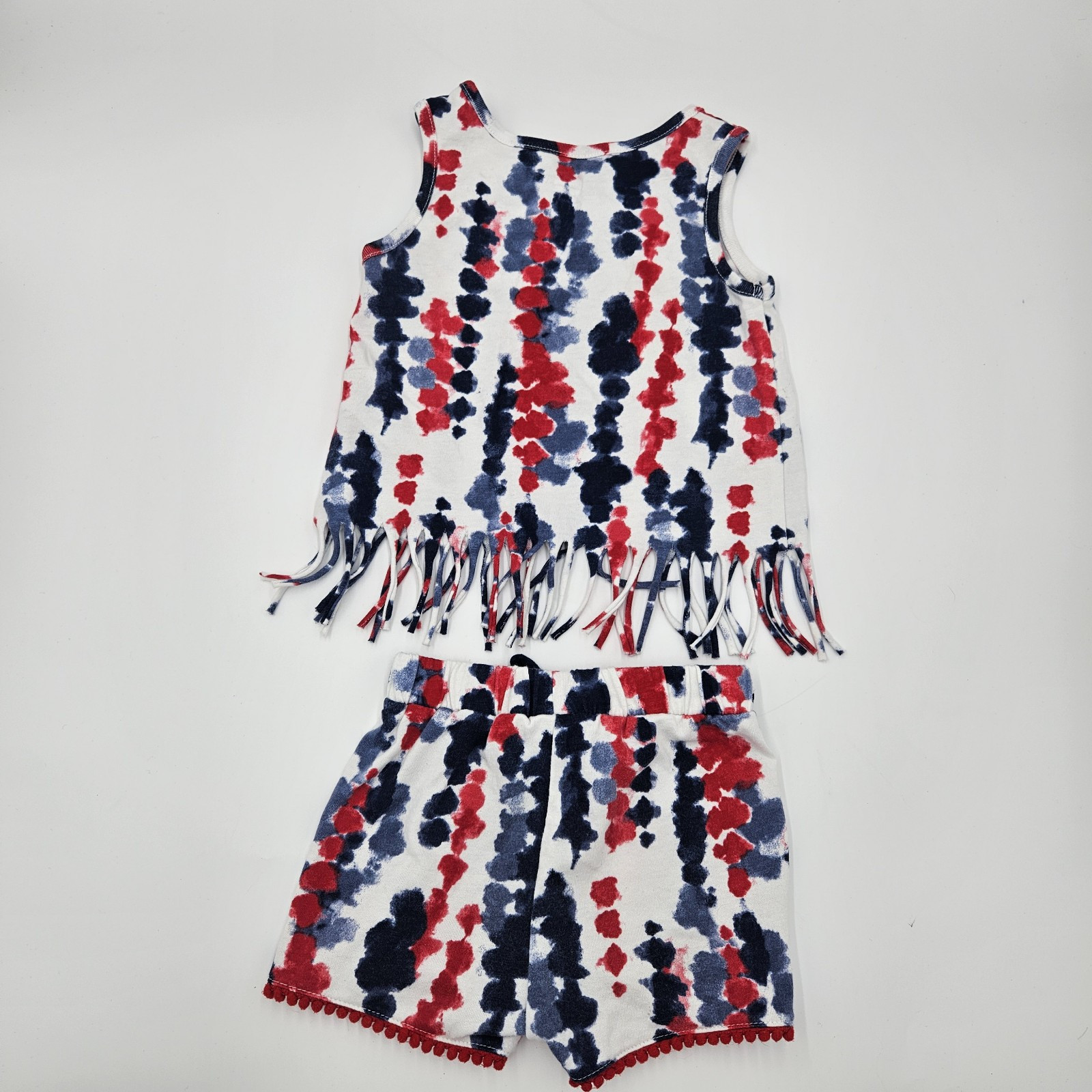 Red White Blue Girls 2T Tank Fringe Pom Pom Hem Line Shorts Outfit Tie Dye 4th