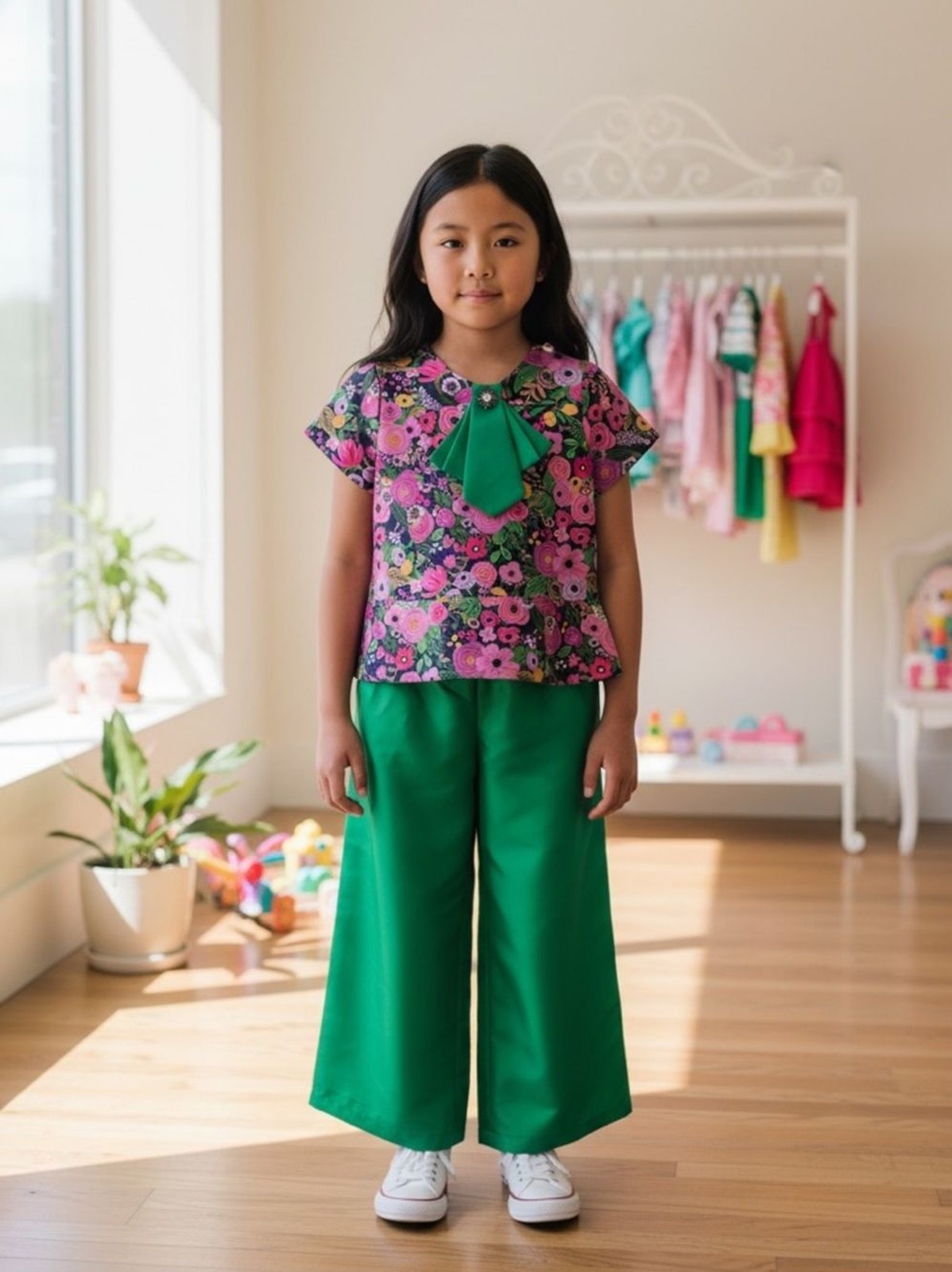 Mama luma girls boutique Green Floral Peplum Top with Matching Wide-Leg Pants