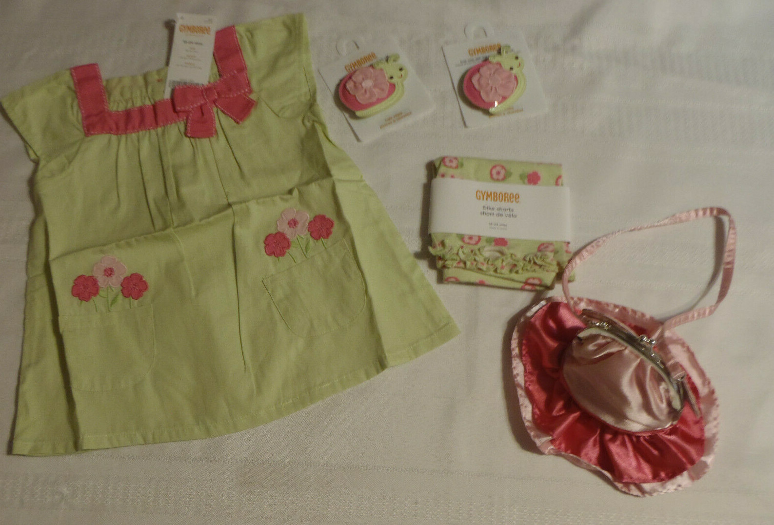 Gymboree Fairy Garden 18-24 Month Shirt Bike Shorts Hair Clips Purse Outfit