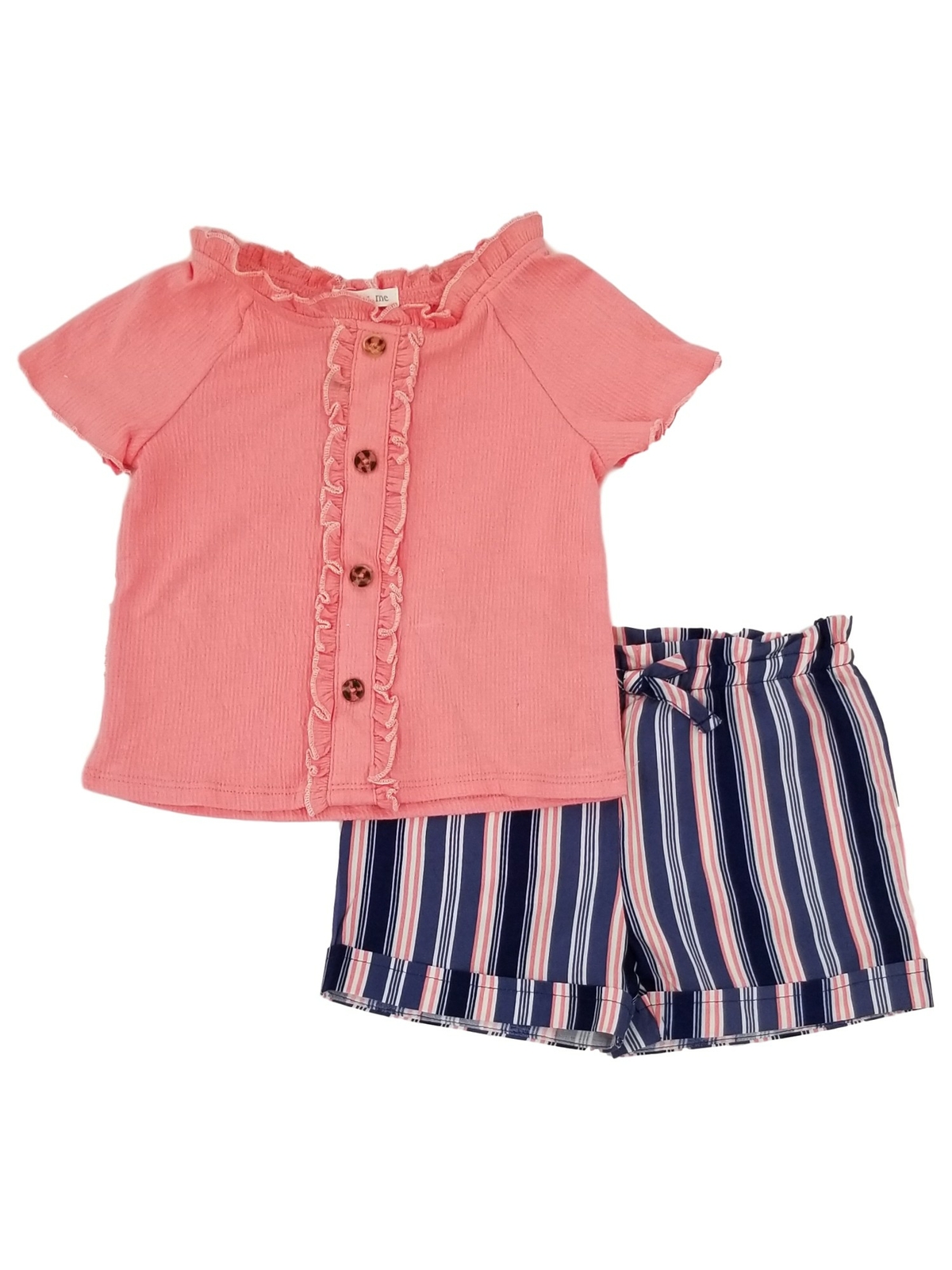 Toddler Girls Coral Pink Navy Blue Buttons Shirt Top Striped Shorts Outfit 3T