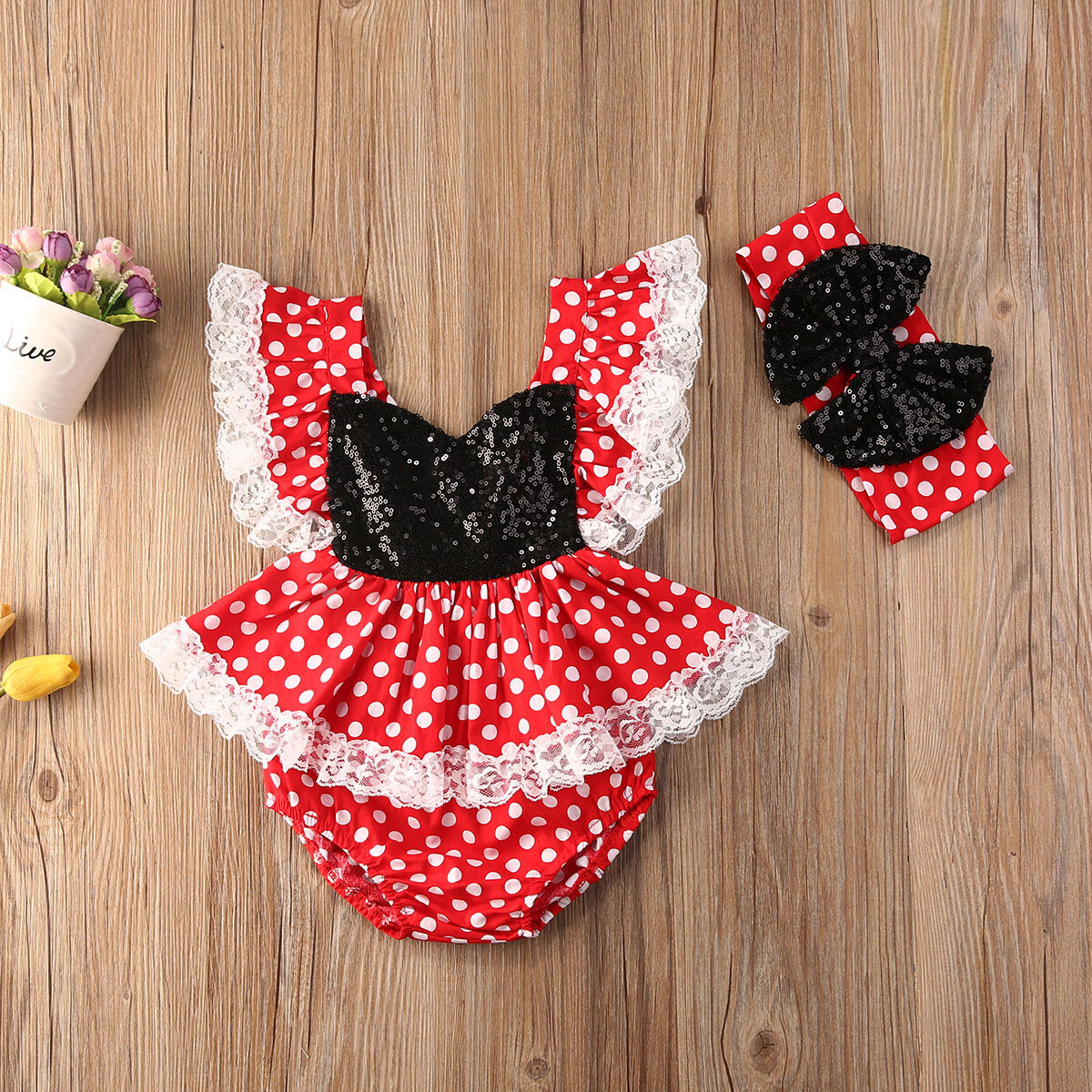 NWT Minnie Mouse Sequin Tunic Dress Bow Headband Girls Outfit Set