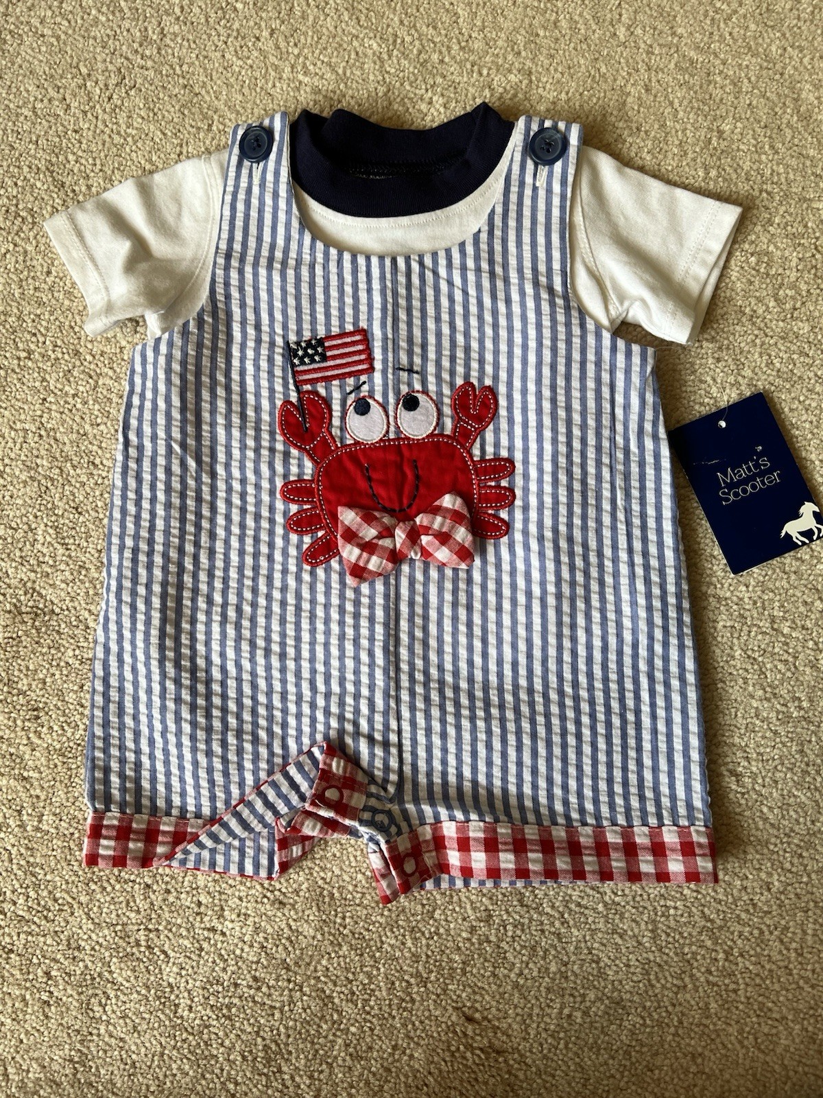 OUTFIT -Matt’s Scooter -Shorts romper & T-Shirt -Crab – Blue/Red/White- 0-3M-NWT