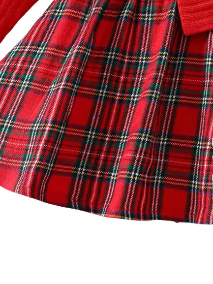 Baby Girl Red Plaid Dress Set with Bow Headband Ruffle Sleeve Ribbed Top Valenti