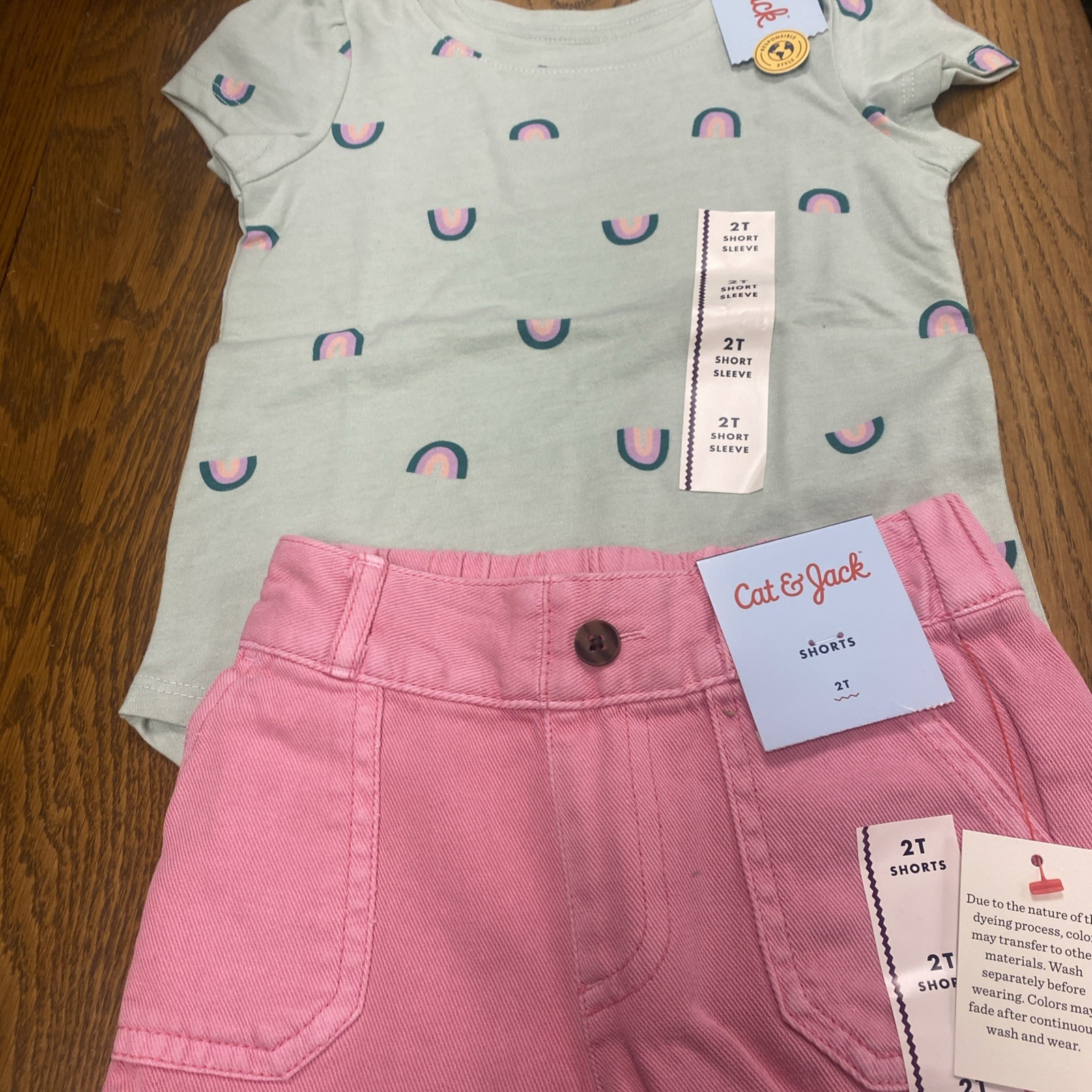 Cat & Jack Girls 2T Rainbow Print T-Shirt & Pink Jean Shorts Outfit Set