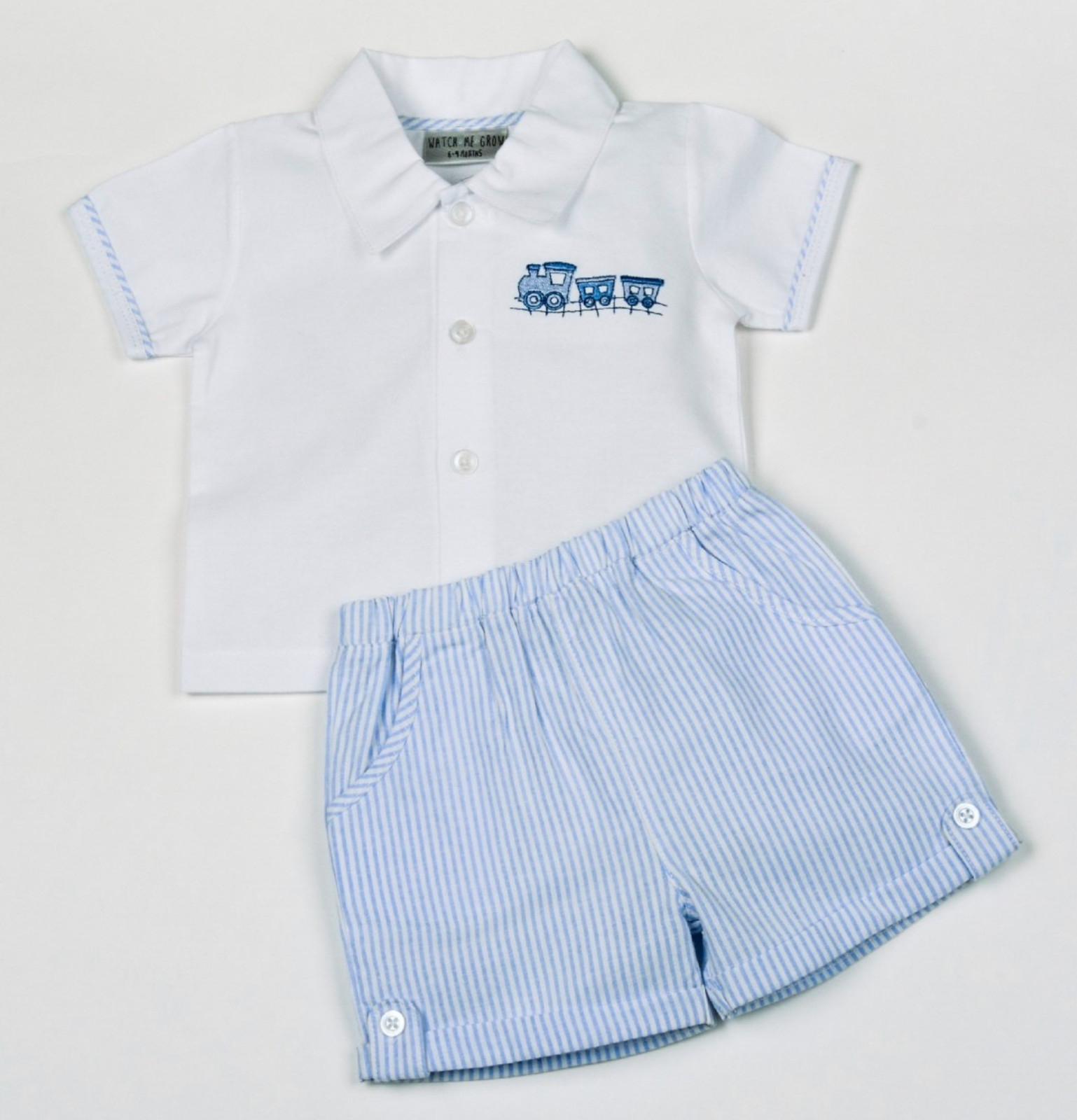 Baby Boy Outfit Stripe Shorts and Oxford Shirt with Train Detail (3-12 Months)