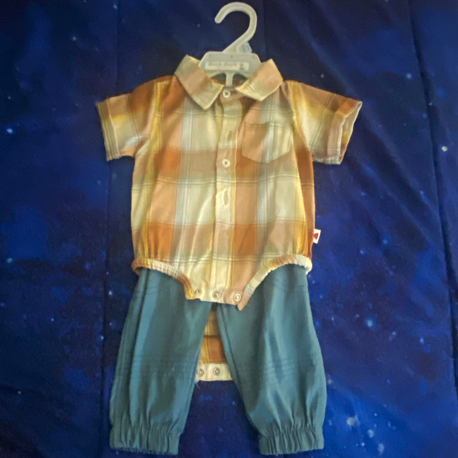 2pc Plaid Button Bodysuit & Blue Pants Set Cotton Short Sleeve 3-6M