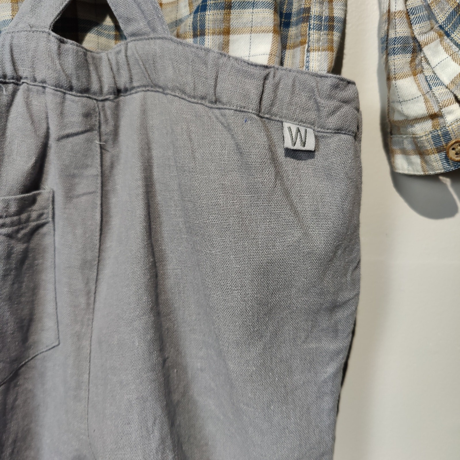 Baby Boys Sz 12mos Wheat Overalls Zara Plaid Long Sleeve Shirt Grey Tan