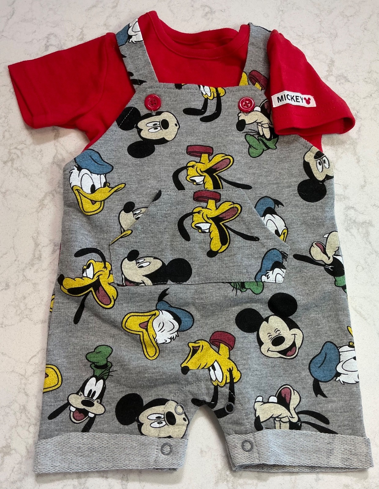 Disney Mickey Set of 2 Romper Red Tee 3-6 Mo Baby Gray Multi Pluto Goofy Outfit