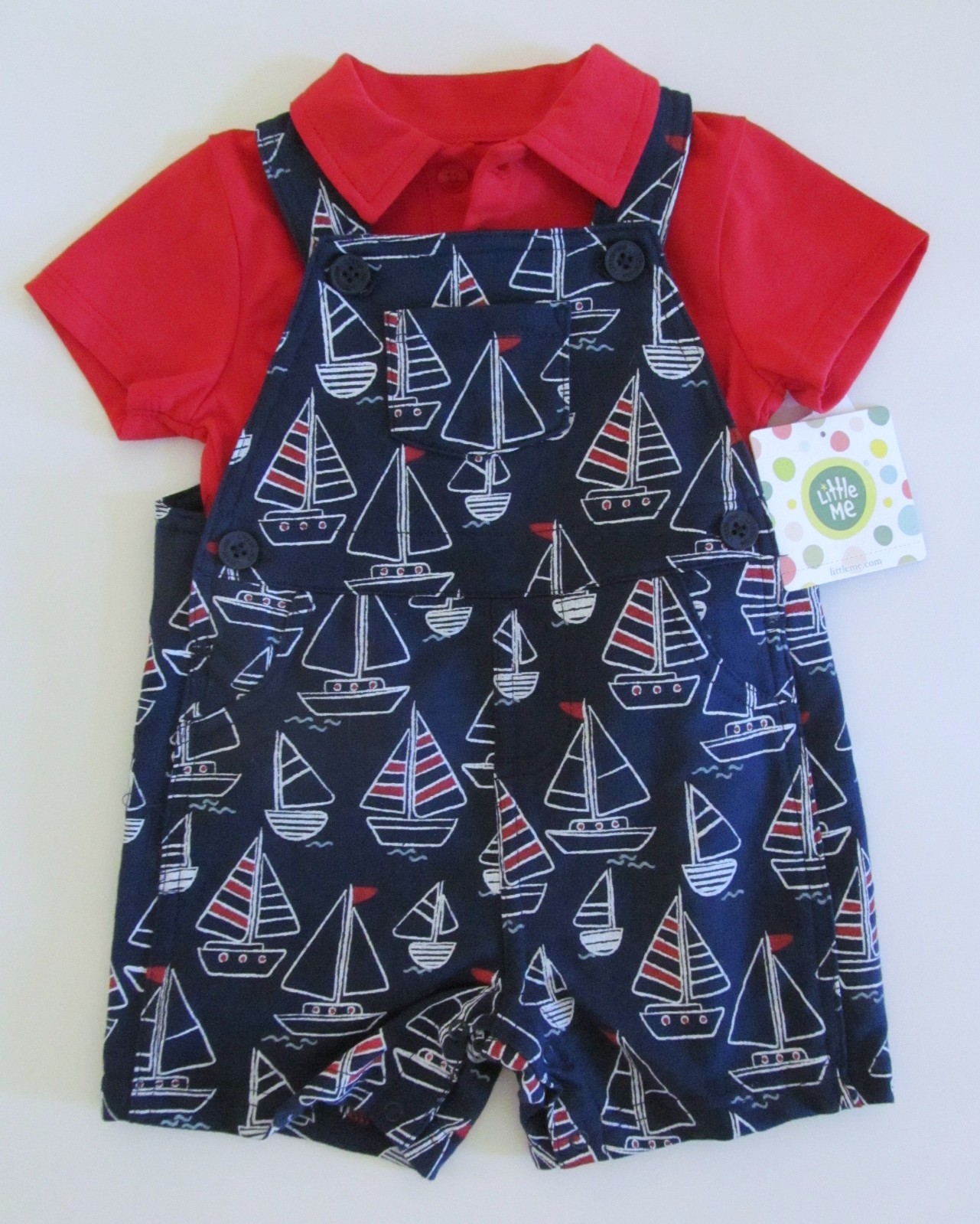 Baby Boys Nautical Sailboats Knit Shortalls Romper 6 Mo Red White Blue Patriotic