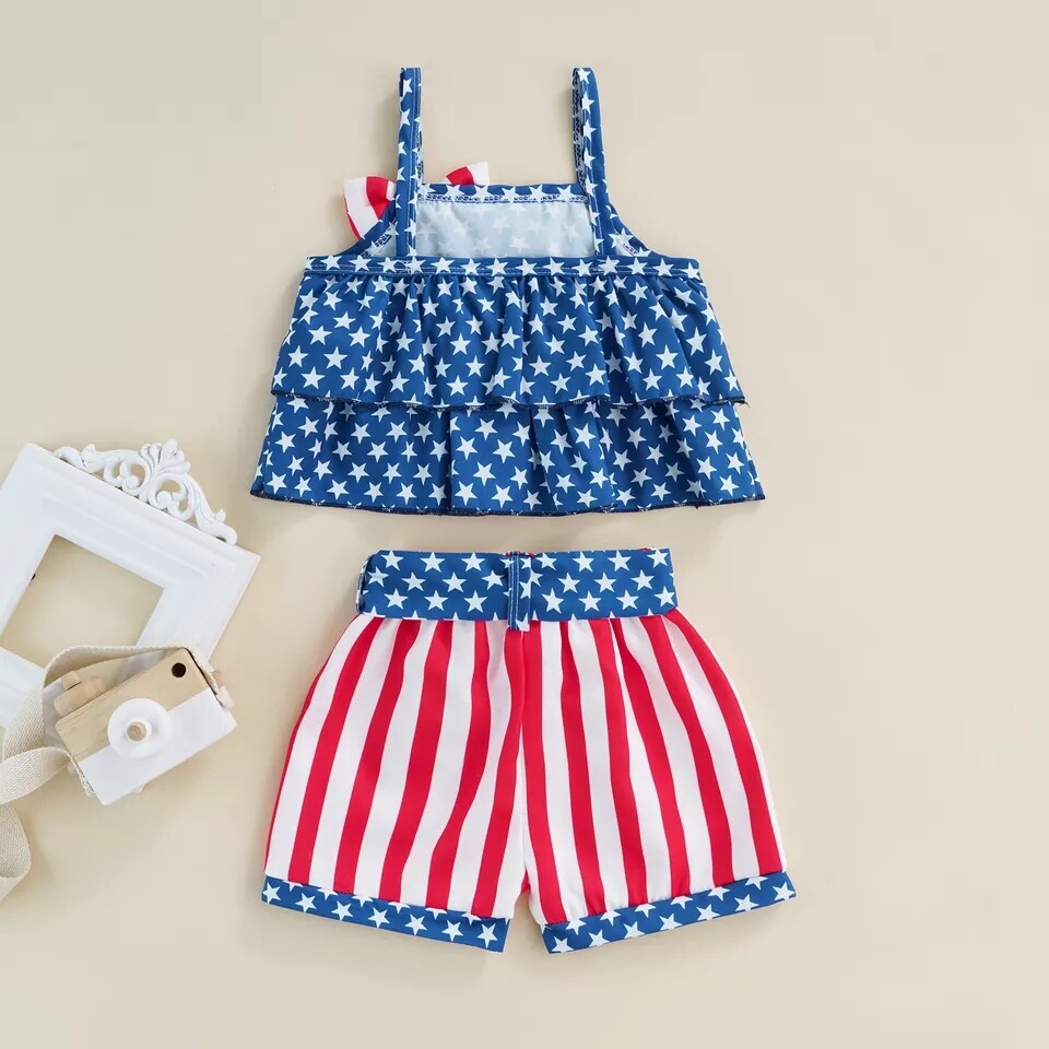 NEW 4th of July Girls Ruffle Crop Top Shorts Outfit Set