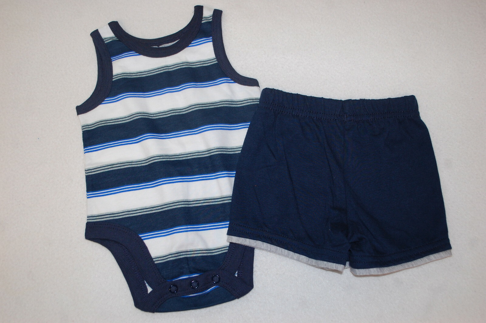 Baby Boys BLUE WHITE GRAY STRIPED TANK TOP Bodysuit NAVY BLUE SHORTS Knit 0-3 MO