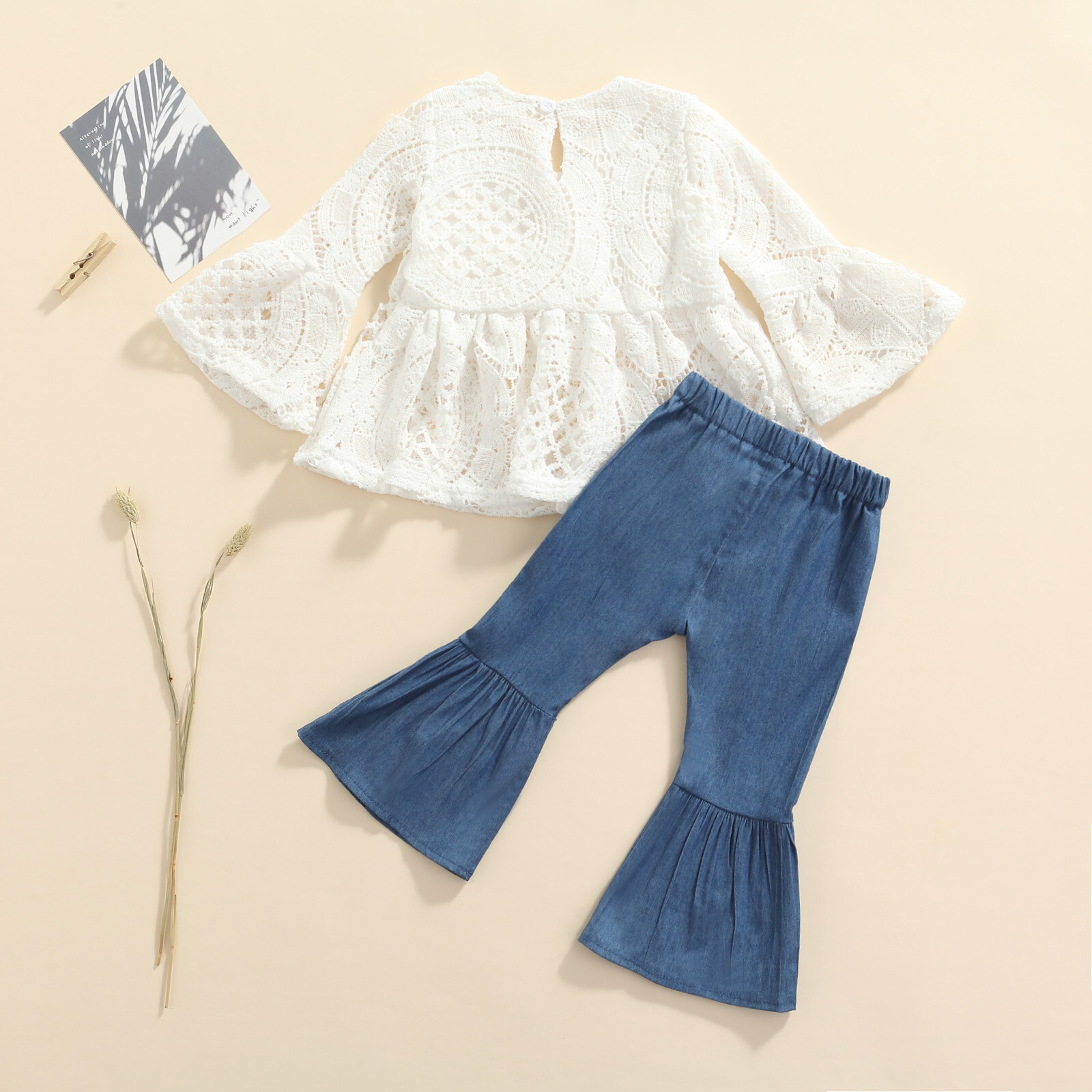NEW White Crochet Lace Bell Sleeve Tunic Bell bottoms Girls Outfit Set