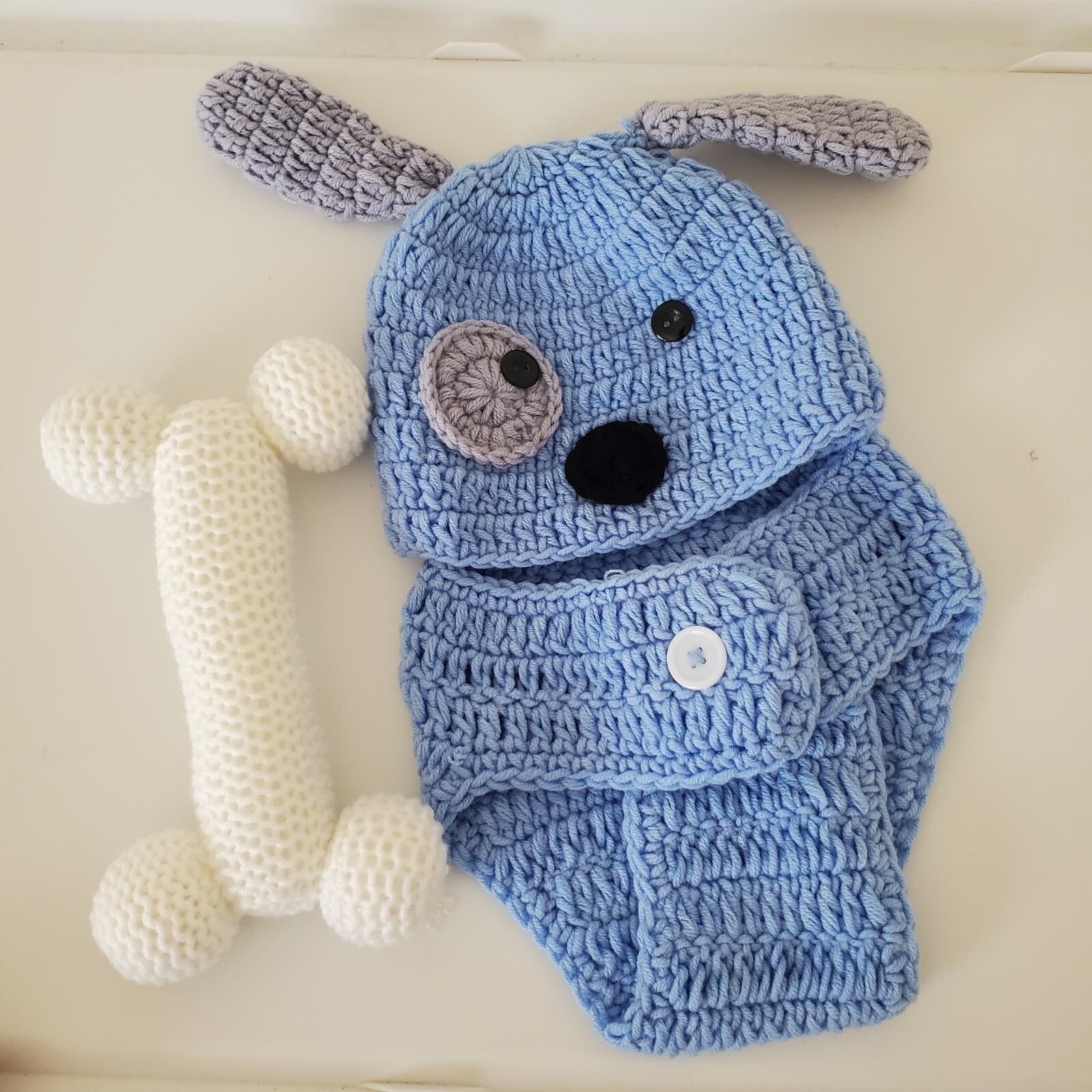 Handmade Crochet Puppy Dog Newborn Photo Prop Set Blue Hat Diaper Cover Bone