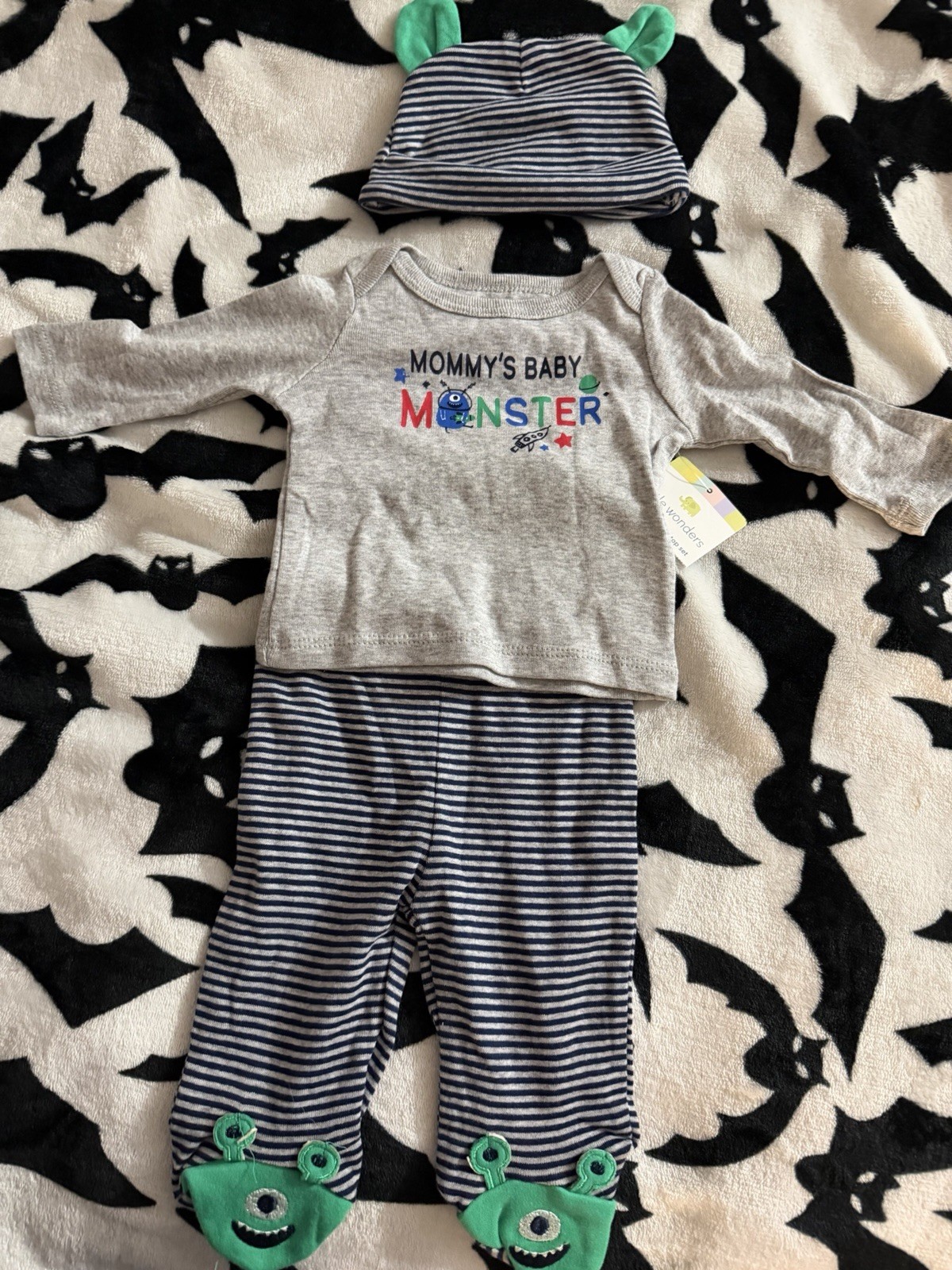 Little Wonders Monster 3-Piece Outfit Set Long Sleeve Shirt Pants Hat 0-3M