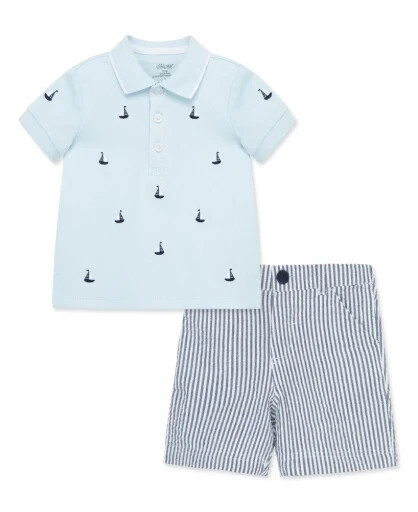 Cat & Jack Baby Boys Blue 2pc Sailboat Polo Shirt & Woven Stripe Short Set 12M