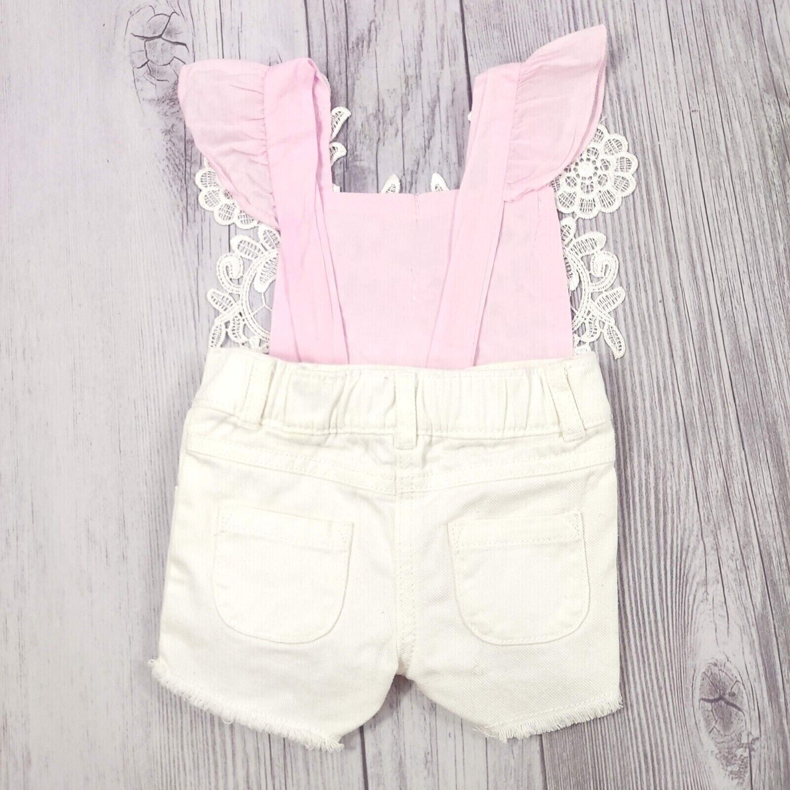Baby Girl Summer Outfit & Pants Matching Set Floral Embroidered Pink/White 3 M