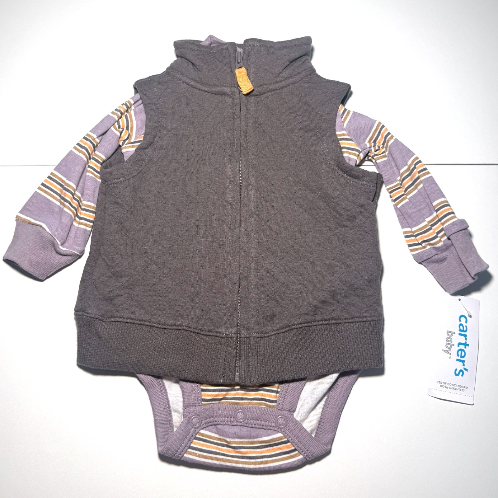 Carter’s Baby Boy 2 Outfit Bundle 6M Plaid Hoodie Pants Vest Bodysuit Set