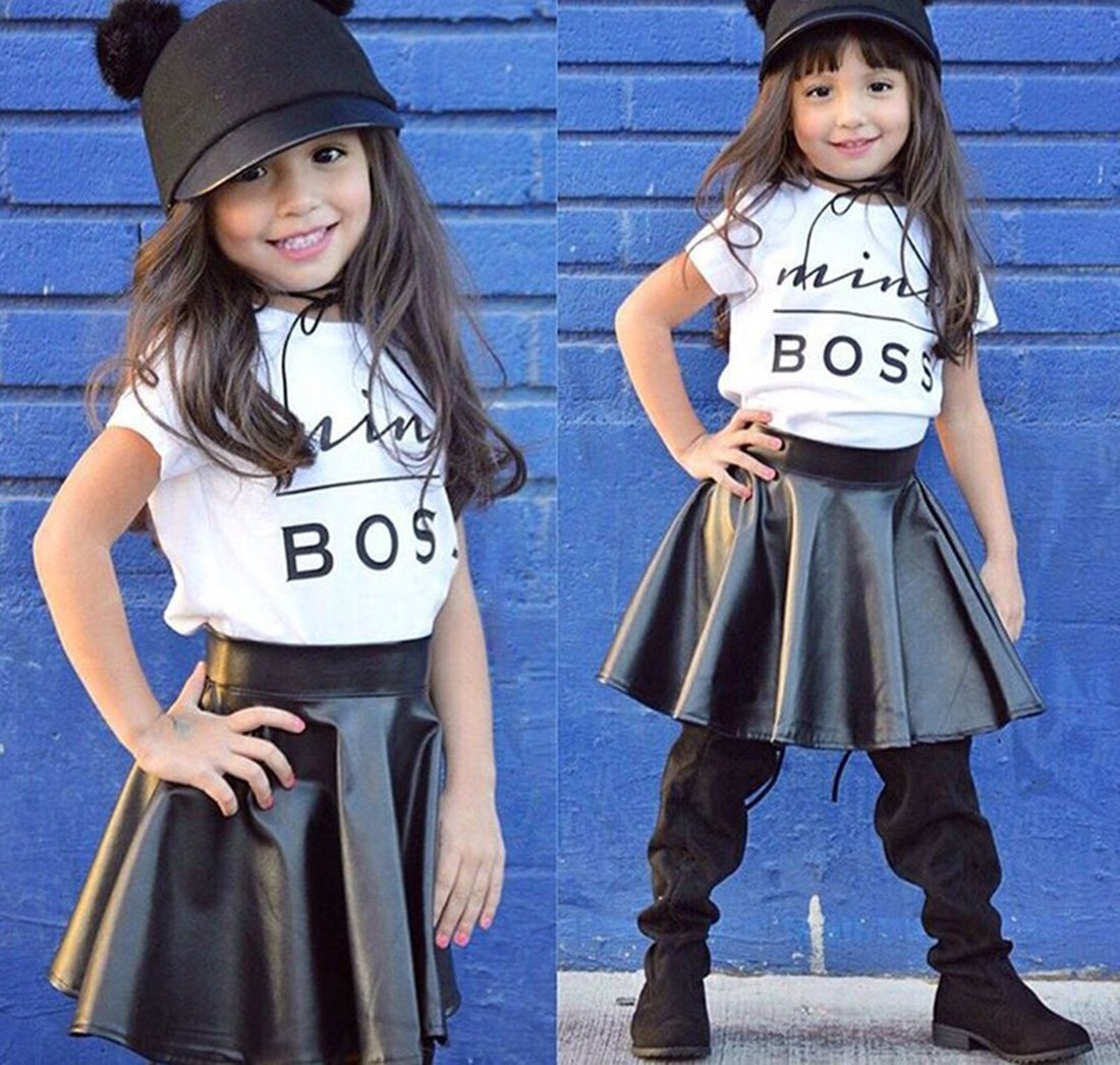 LOTUCY Kids Baby Girls Mini Boss Letters Short Sleeve Tops +Leather Skirt