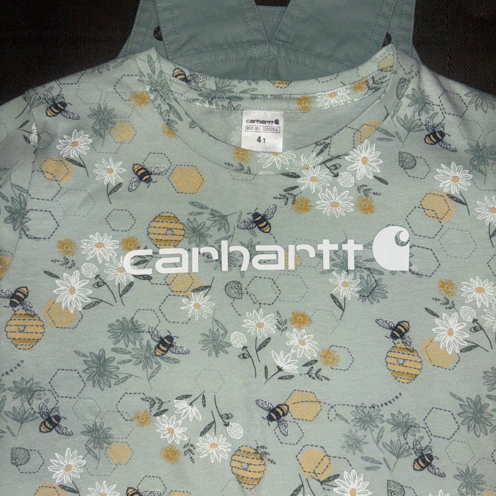 Carhartt🐝Girl’s Short-Sleeve Bee T-Shirt Canvas Shortalls Set Jade Green Sz 4T