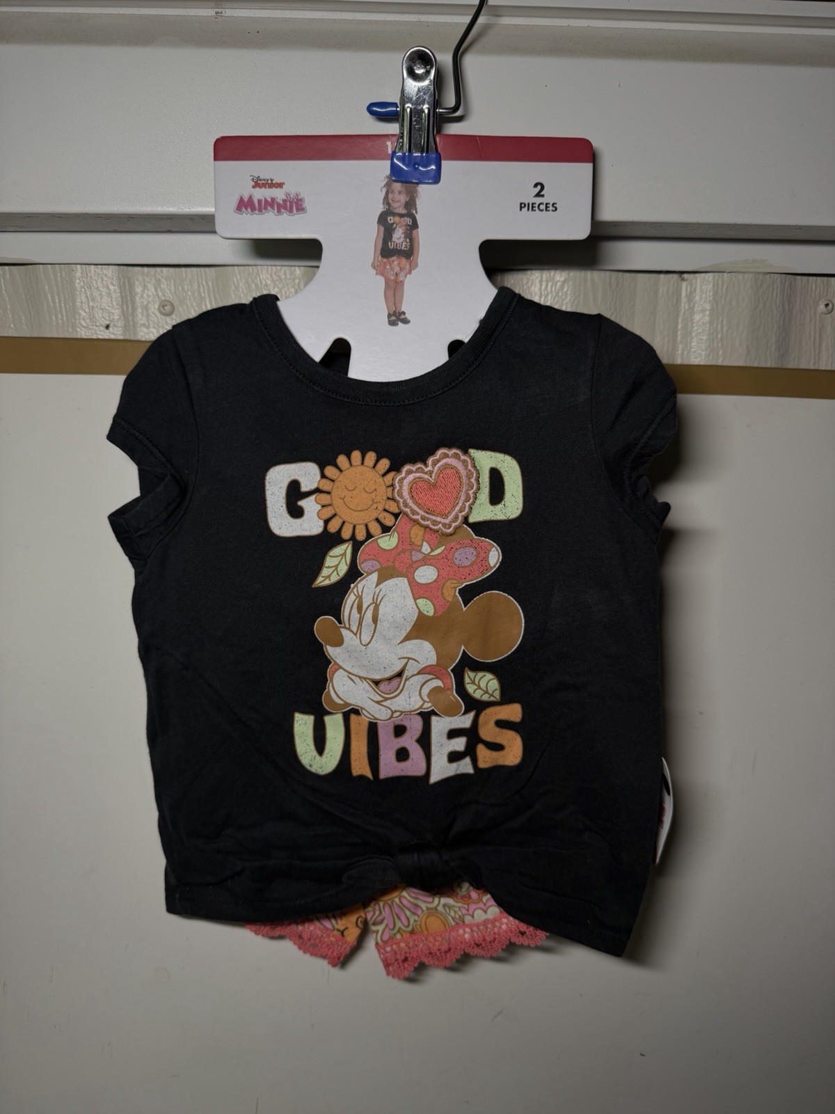 Disney Minnie Mouse Girls 2pc Outfit Set Black Good Vibes Shirt Floral Shorts