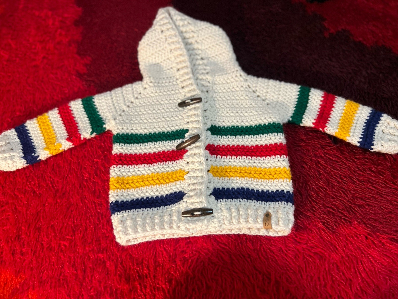 Vintage Hand Knit Sweater Cardigan Chunky Hudson Bay Style Striped Toggle 12-18