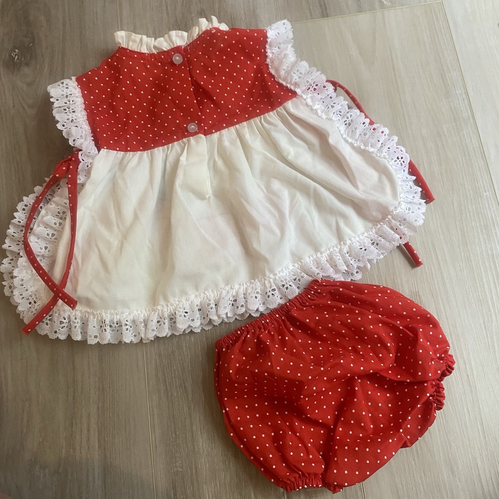 Vintage New York Kids Infant 9m Strawberry Dress & Bloomers Set Lace Ruffle